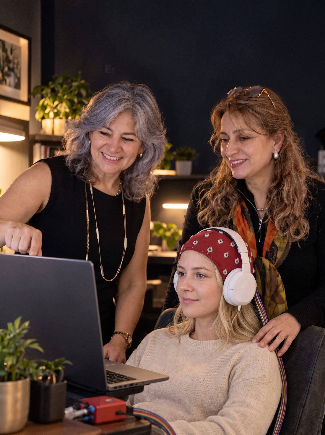 Yamila Zaldívar y Rosa María Ramírez Chávez acompañando a una clienta en su trabajo con neurofeedback
